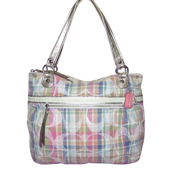 Coach 2012 Poppy Madras Plaid Pattern canvas & leather sequined tote satchel Bag - Picture 1 of 12
